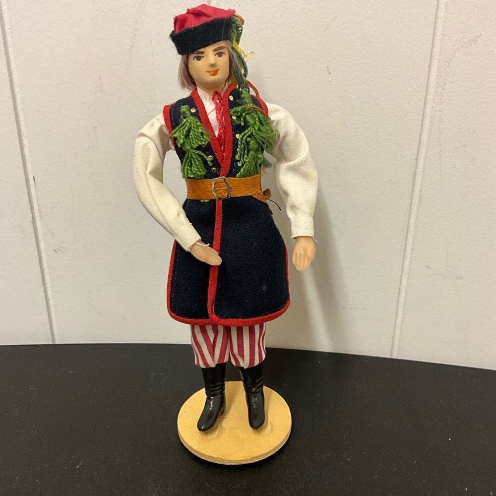Vintage Handmade 8" Tall Handmade Plastic Doll Man With Clothing and stand
